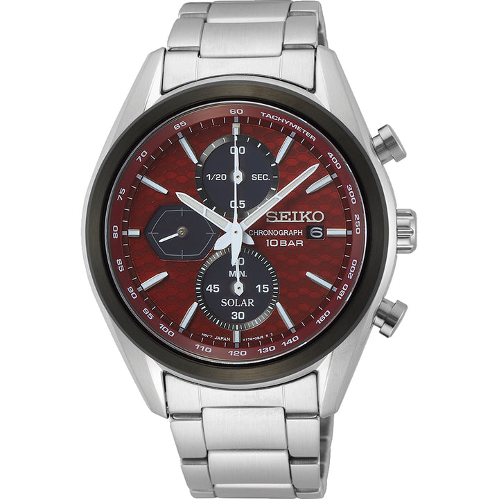 Het Seiko heren horloge SSC771P1 heeft een opvallende rode wijzerplaat met chronograaffunctie, drie sub-dials en zilveren uurmarkeringen. Het heeft een tachymeterschaal op de rand en heeft een gepolijste roestvrijstalen band. Het horloge biedt 10 Bar waterbestendigheid en wordt beschermd door duurzaam saffierglas.