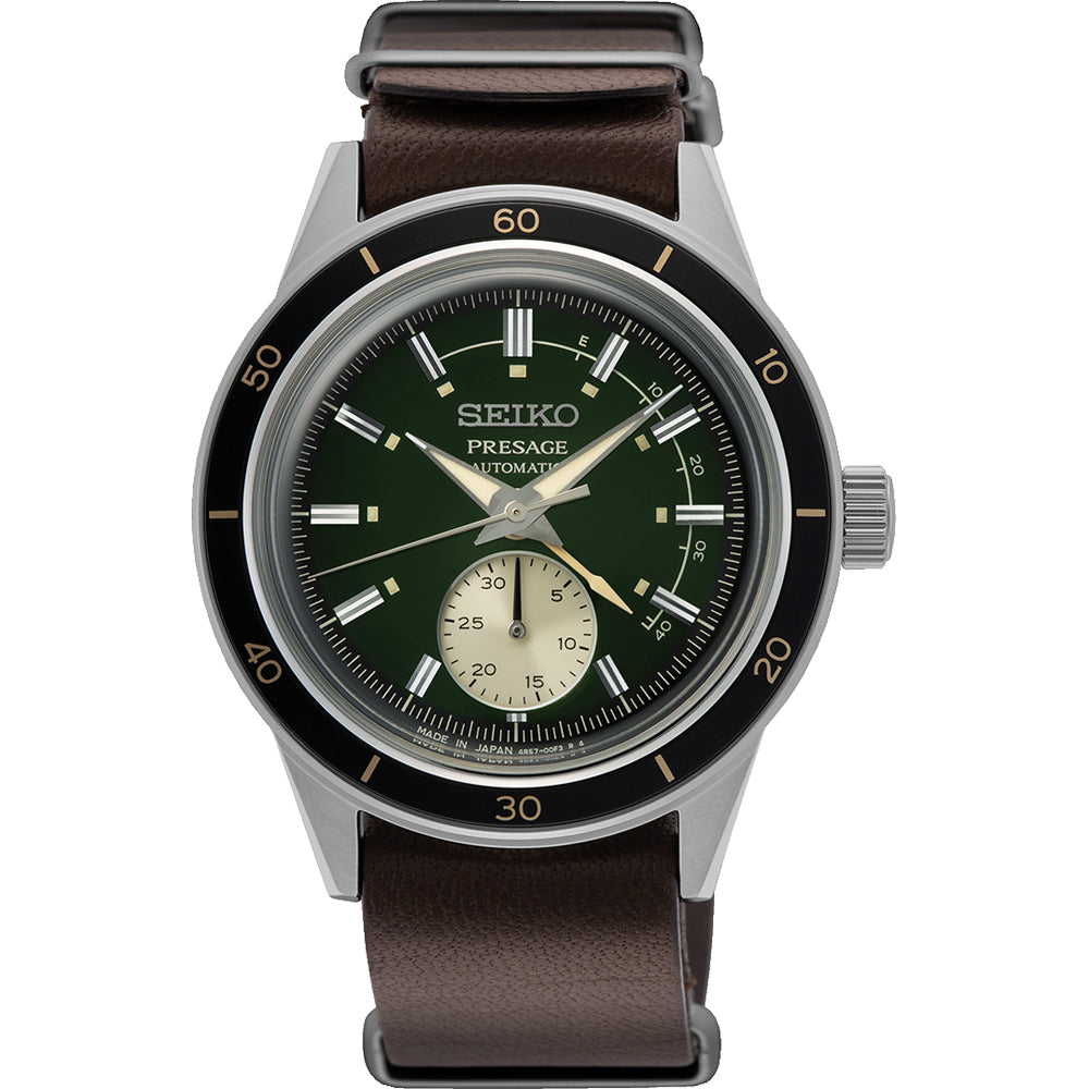 Herrenarmbanduhr mit grünem Zifferblatt, Edelstahlgehäuse und braunem Lederarmband