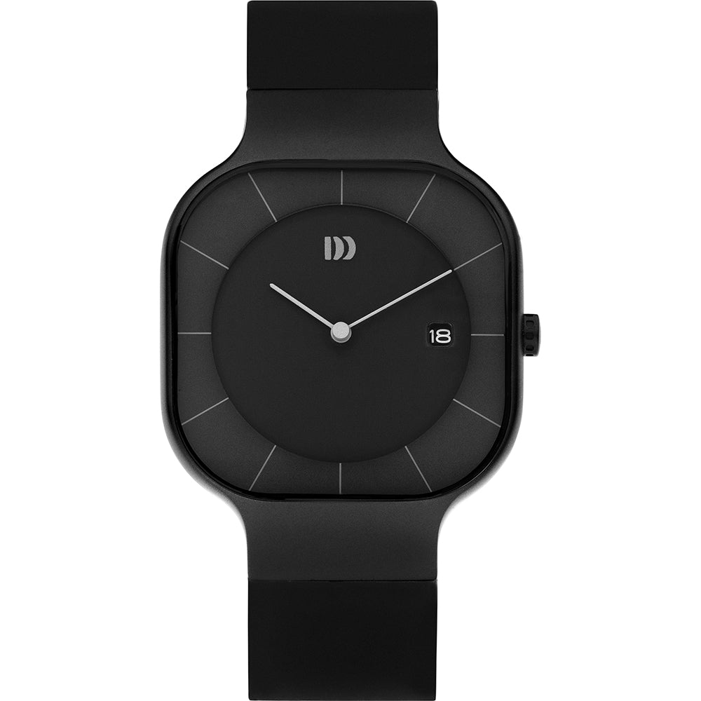 Schwarze Uhr mit quadratischem Gehäuse, schwarzem Zifferblatt und schwarzem Armband