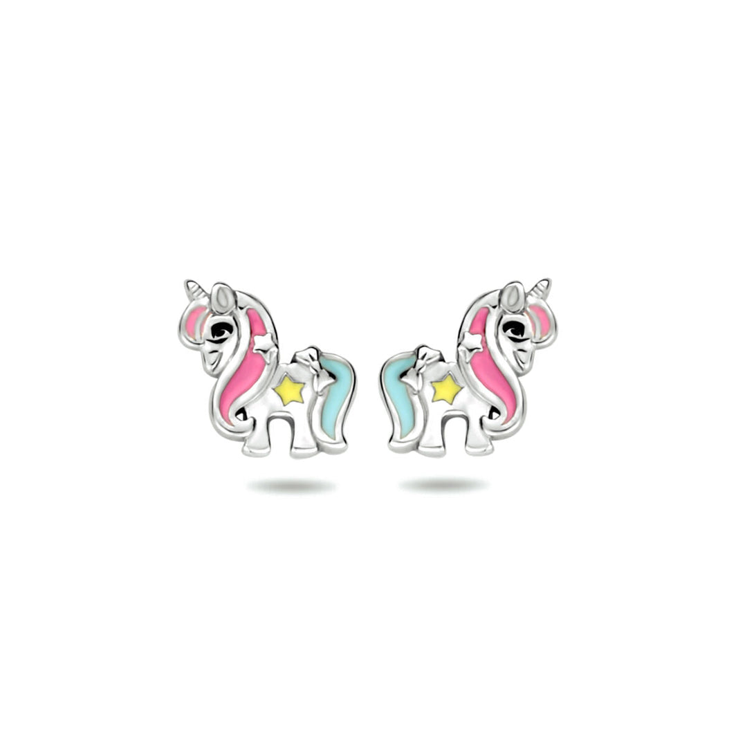 Van der Kooij Collectie oorknoppen eenhoorn zilver gerhodineerd: eenhoornvormige studs met roze en blauwe manen, gele zijsterren en glanzend zilverkleurig, afgebeeld op een witte achtergrond - perfecte kinderoorbellen.