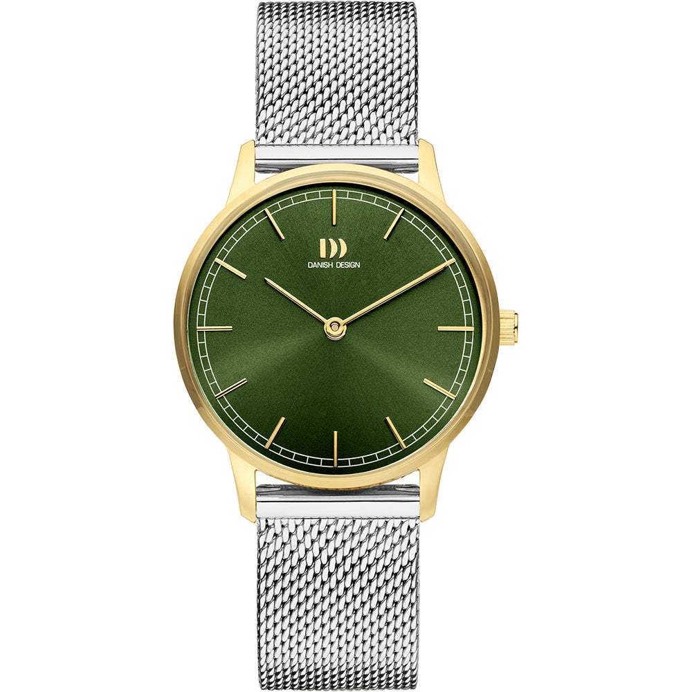 Herrenarmbanduhr mit grünem Zifferblatt, goldfarbenem Gehäuse und silbernem Mesh-Armband
