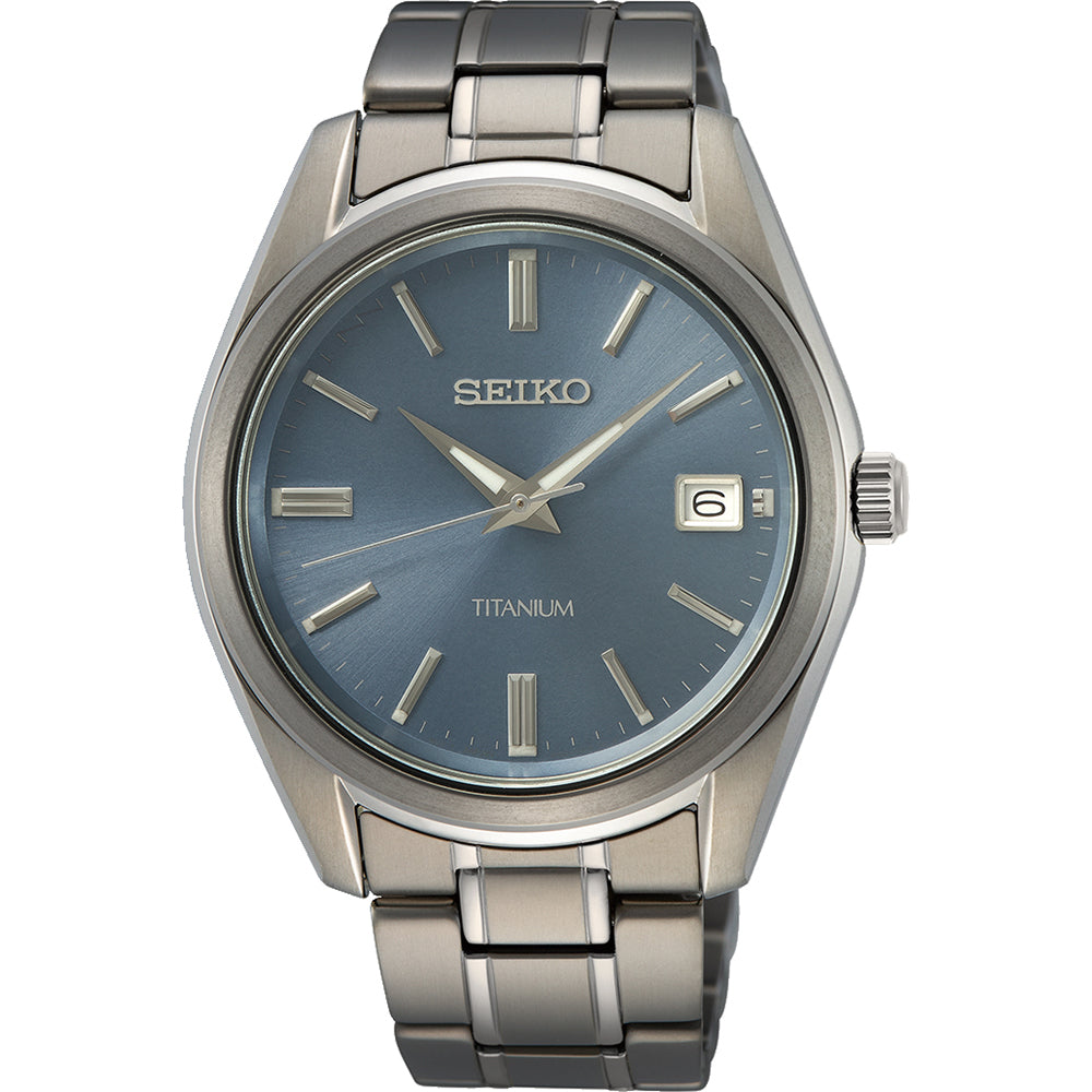 Herrenarmbanduhr mit blauem Zifferblatt, titangehäuse und -armband, Datumsanzeige bei drei Uhr
