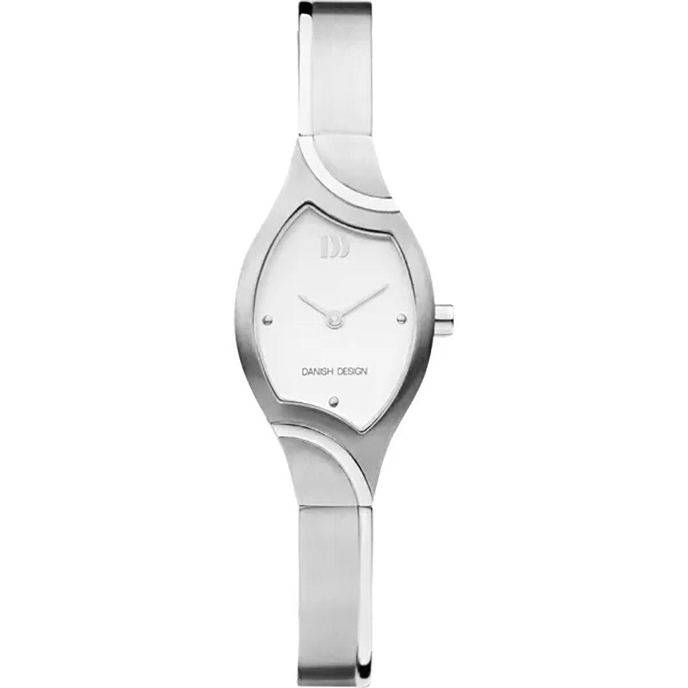 Uhr mit silbernem Gehäuse, weißem Zifferblatt und schmalem Armband