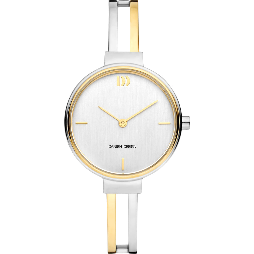 Uhr mit silbernem Zifferblatt, Edelstahl-Gehäuse und goldenen Akzenten am Armband