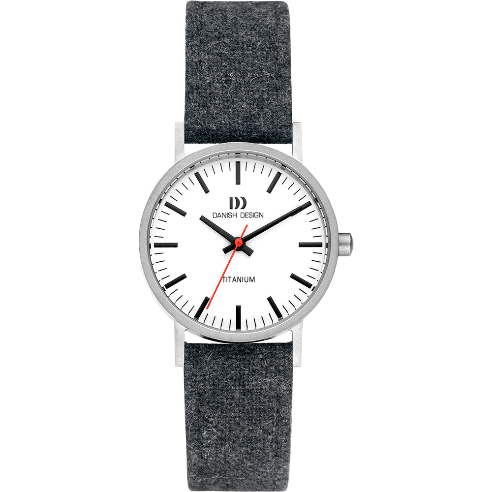 Uhr mit silbernem Gehäuse, weißem Zifferblatt und grauem Textilarmband