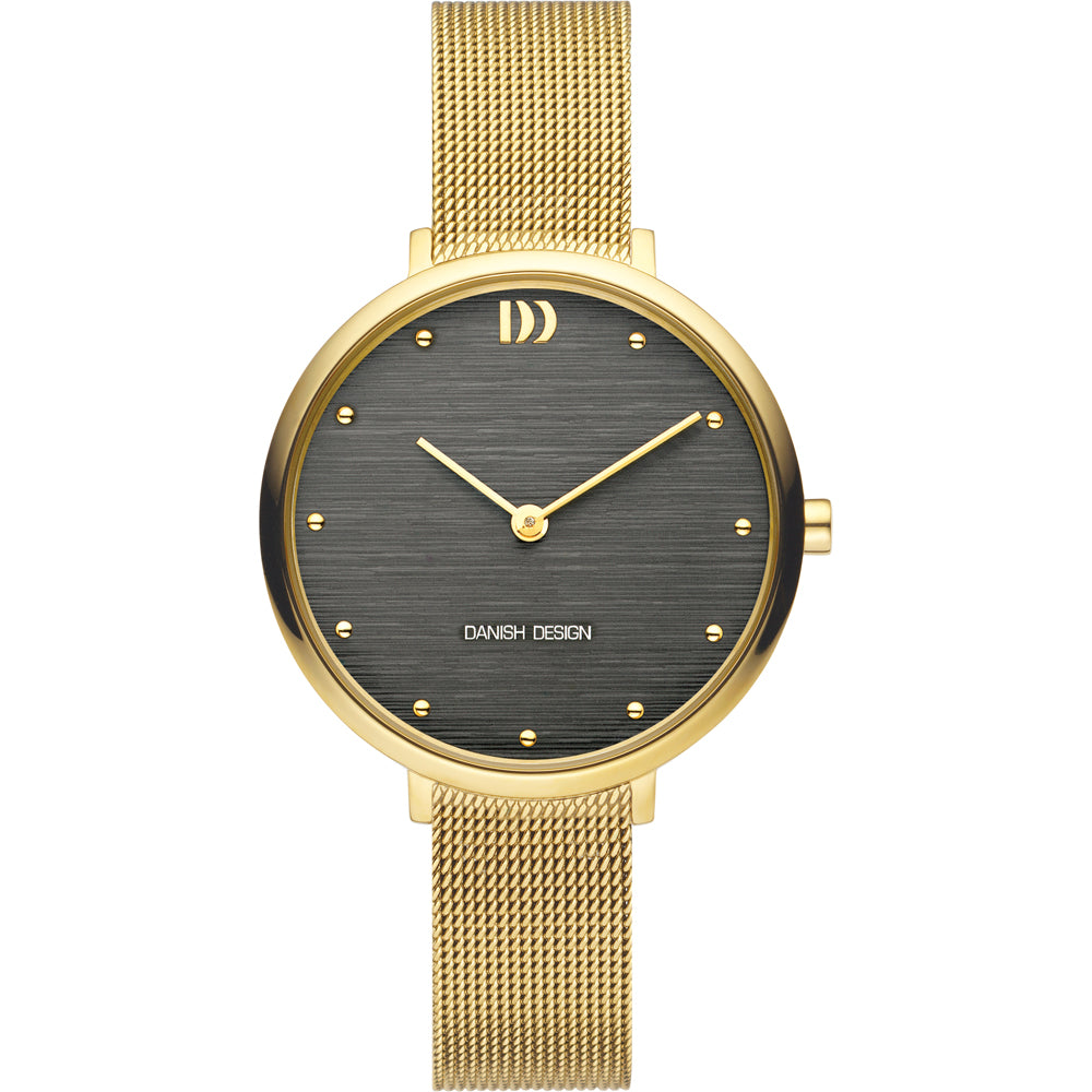 Uhr mit schwarzem Zifferblatt, goldfarbenem Gehäuse und Mesh-Armband