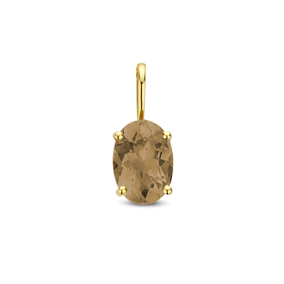 De hanger rookkwarts 14K geelgoud uit de Van der Kooij Collectie heeft een ovaal geslepen rookkwarts in vier pootjes en een simpele gouden borgtocht, wat zorgt voor een minimalistisch en stijlvol luxe ontwerp.