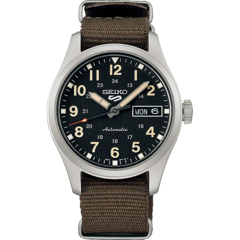Herrenarmbanduhr Seiko 5 Sports mit schwarzem Zifferblatt, silbernem Gehäuse und braunem Nylonarmband