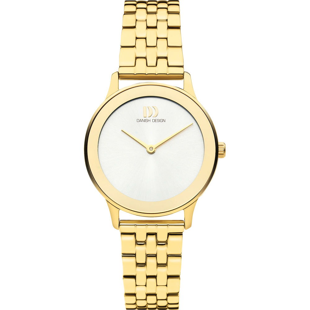 Armbanduhr mit goldenem Gehäuse, weißem Zifferblatt und goldenem Armband