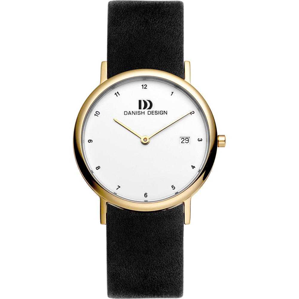 Uhr mit weißem Zifferblatt, goldfarbenem Gehäuse und schwarzem Lederarmband
