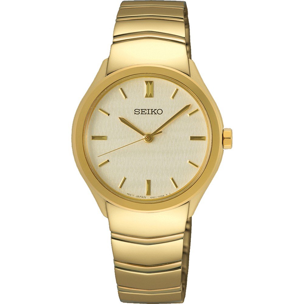 Damenarmbanduhr von Seiko mit goldenem Gehäuse und goldenem Armband, mit goldfarbenem Zifferblatt