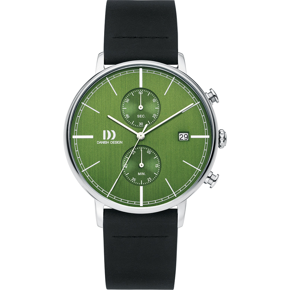 Herrenarmbanduhr mit grünem Zifferblatt, silbernem Gehäuse und schwarzem Silikonarmband