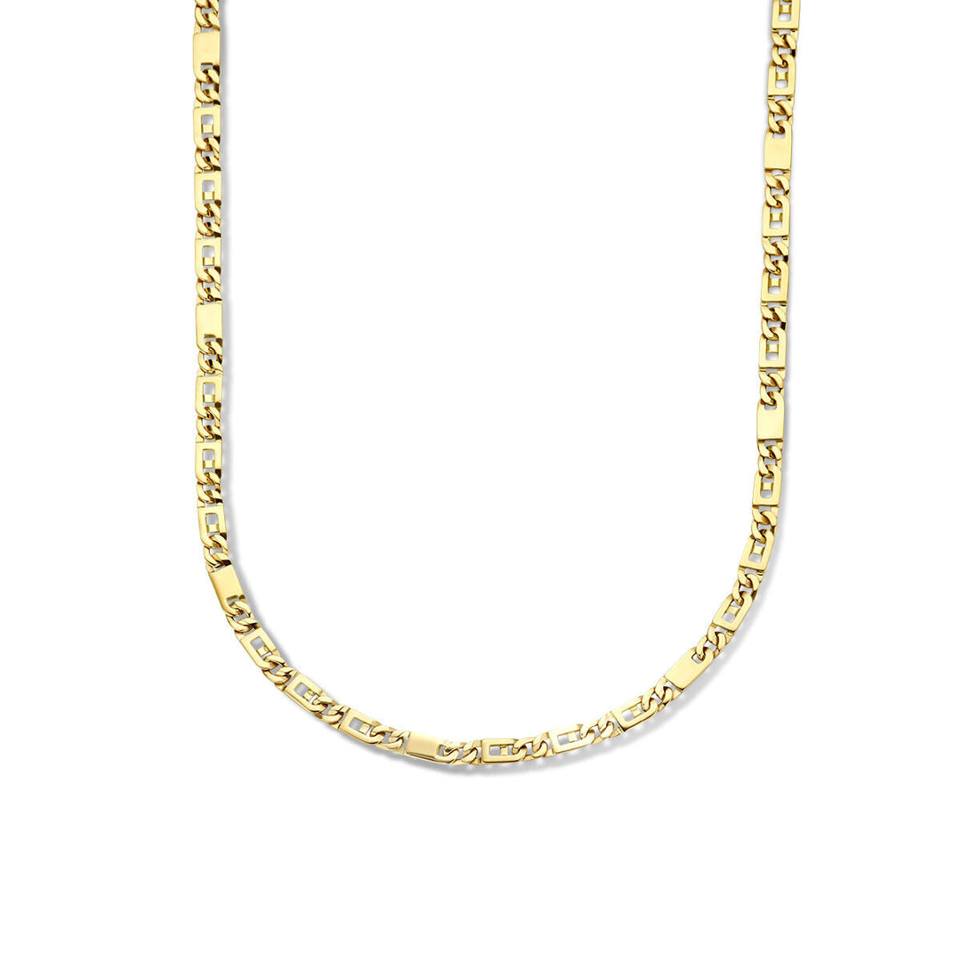 De Gouden ketting heren - collier valkenoog 4,7 mm 14K van Van der Kooij Collectie heeft rechthoekige schakels en een patroon en straalt robuuste elegantie uit op een witte achtergrond.