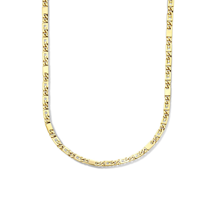 De Gouden ketting heren - collier valkenoog 4,7 mm 14K van Van der Kooij Collectie heeft rechthoekige schakels en een patroon en straalt robuuste elegantie uit op een witte achtergrond.