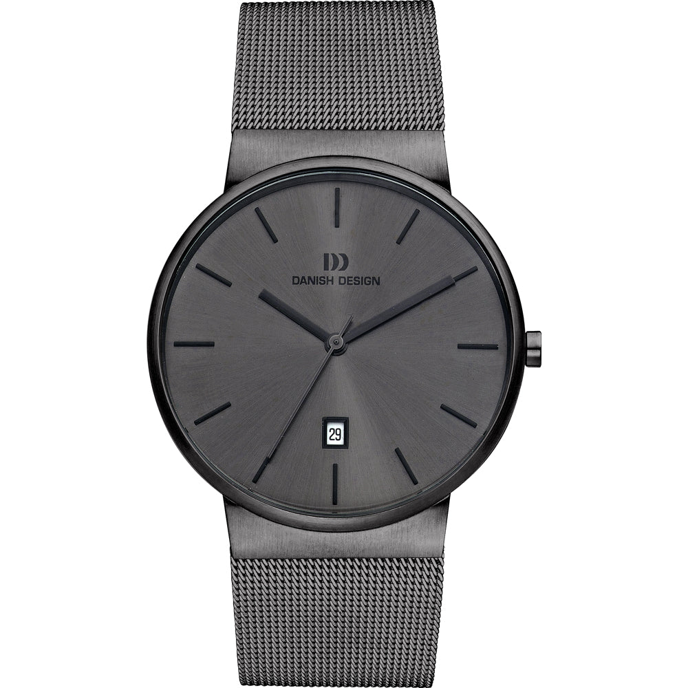 Uhr mit grauem Zifferblatt, schwarzem Gehäuse und schwarzem Mesh-Armband, Datumsanzeige auf 6 Uhr