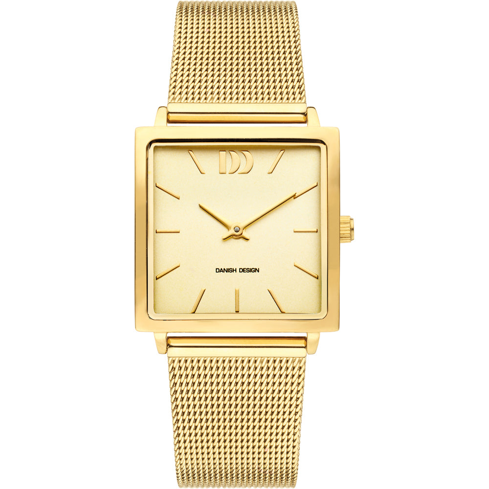 Quarzuhr mit goldenem Gehäuse, beigem Zifferblatt und goldenem Mesh-Armband