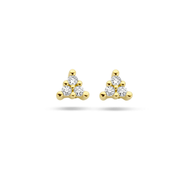 Van der Kooij Collectie oorknoppen diamant 0,05ct (2x 0,025ct) h p1 in 14K geelgoud, met een driehoekige cluster van prachtige diamanten en gouden accenten, prachtige verschijning tegen een witte achtergrond.