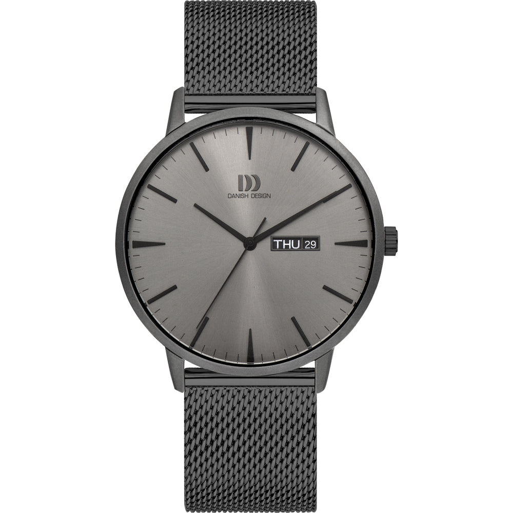 Herrenarmbanduhr mit grauem Zifferblatt und schwarzem Mesh-Armband