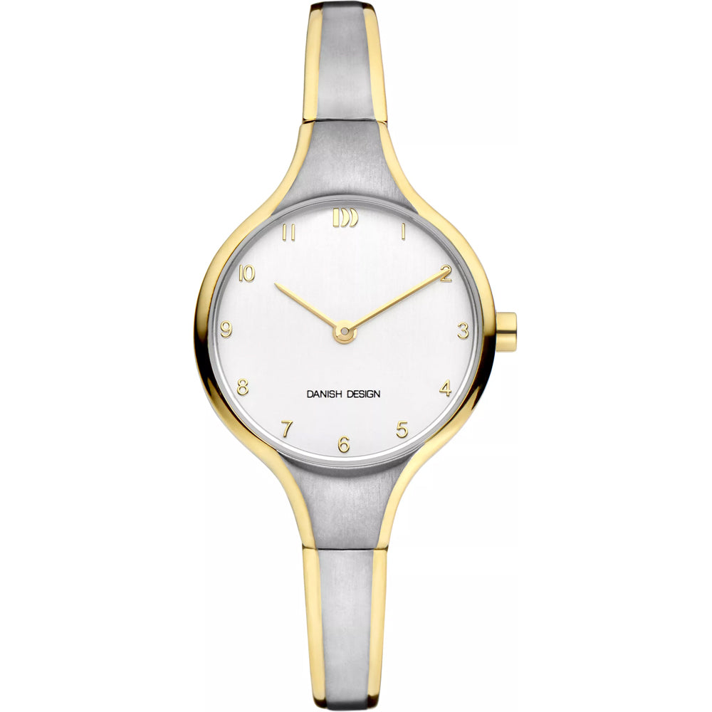 Dameuhr mit silbernem Gehäuse, weißem Zifferblatt und goldenem Armband