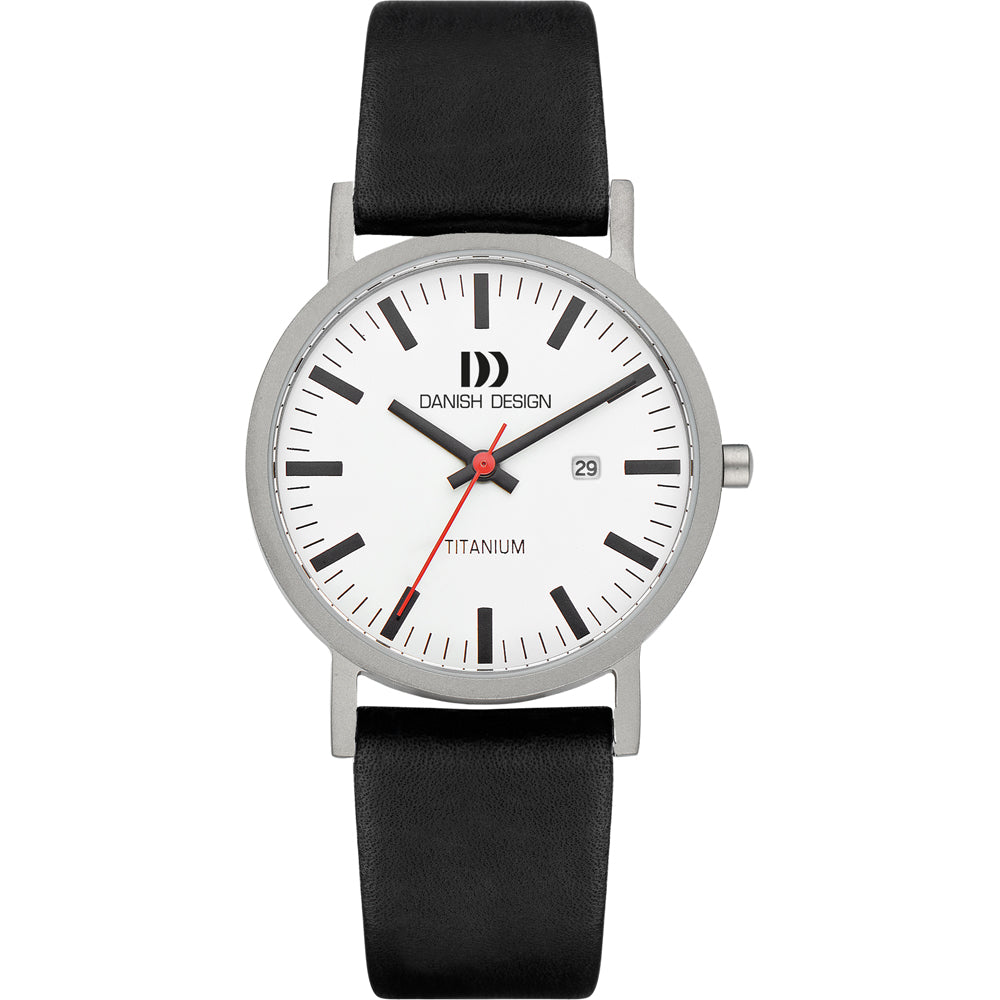 Uhr mit silbernem Gehäuse, weißem Zifferblatt und schwarzem Lederarmband