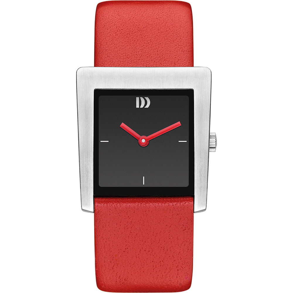 Uhr mit quadratischem Gehäuse, schwarzem Zifferblatt und rotem Lederarmband