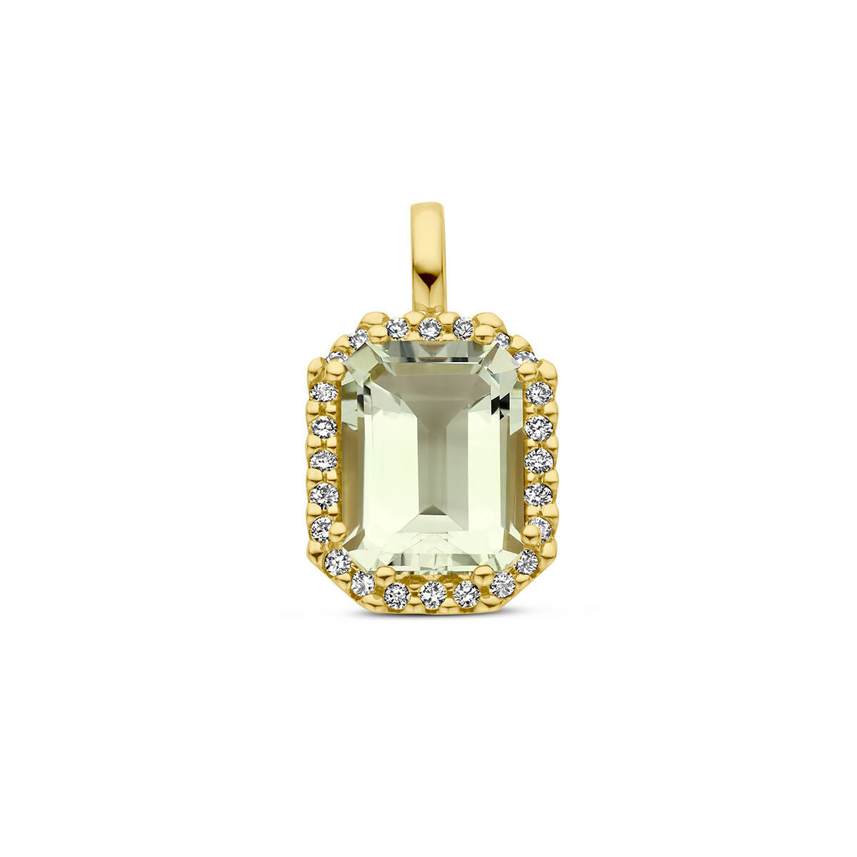 Hänger mit grünem Amethyst und 0,10 ct Diamanten in Halo-Fassung aus 14K Gelbgold