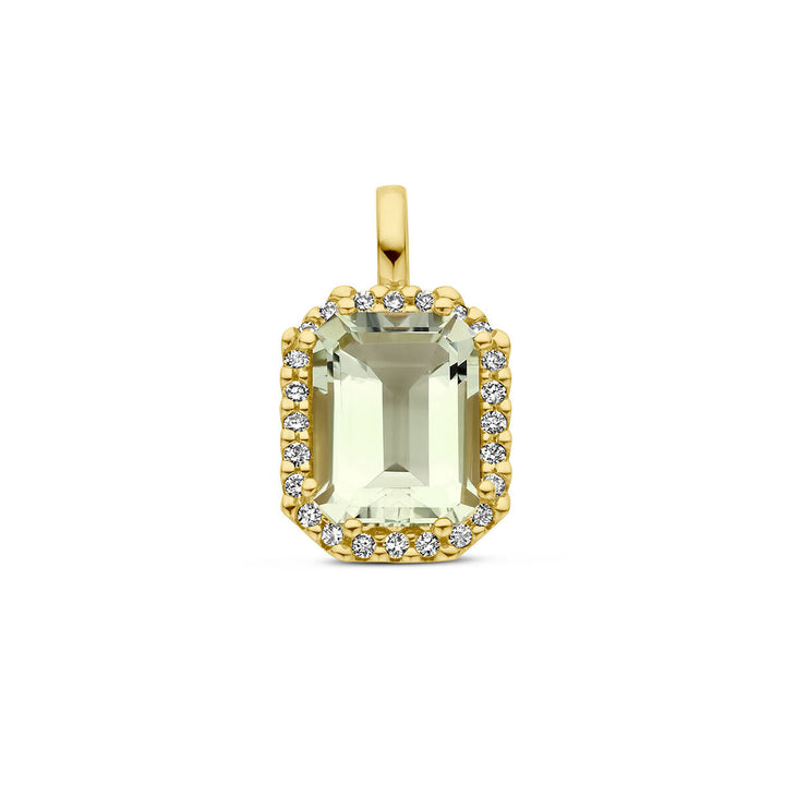 Anhänger grüner Amethyst und Diamant 0,10 ct h Si Halo 14 K Gelbgold