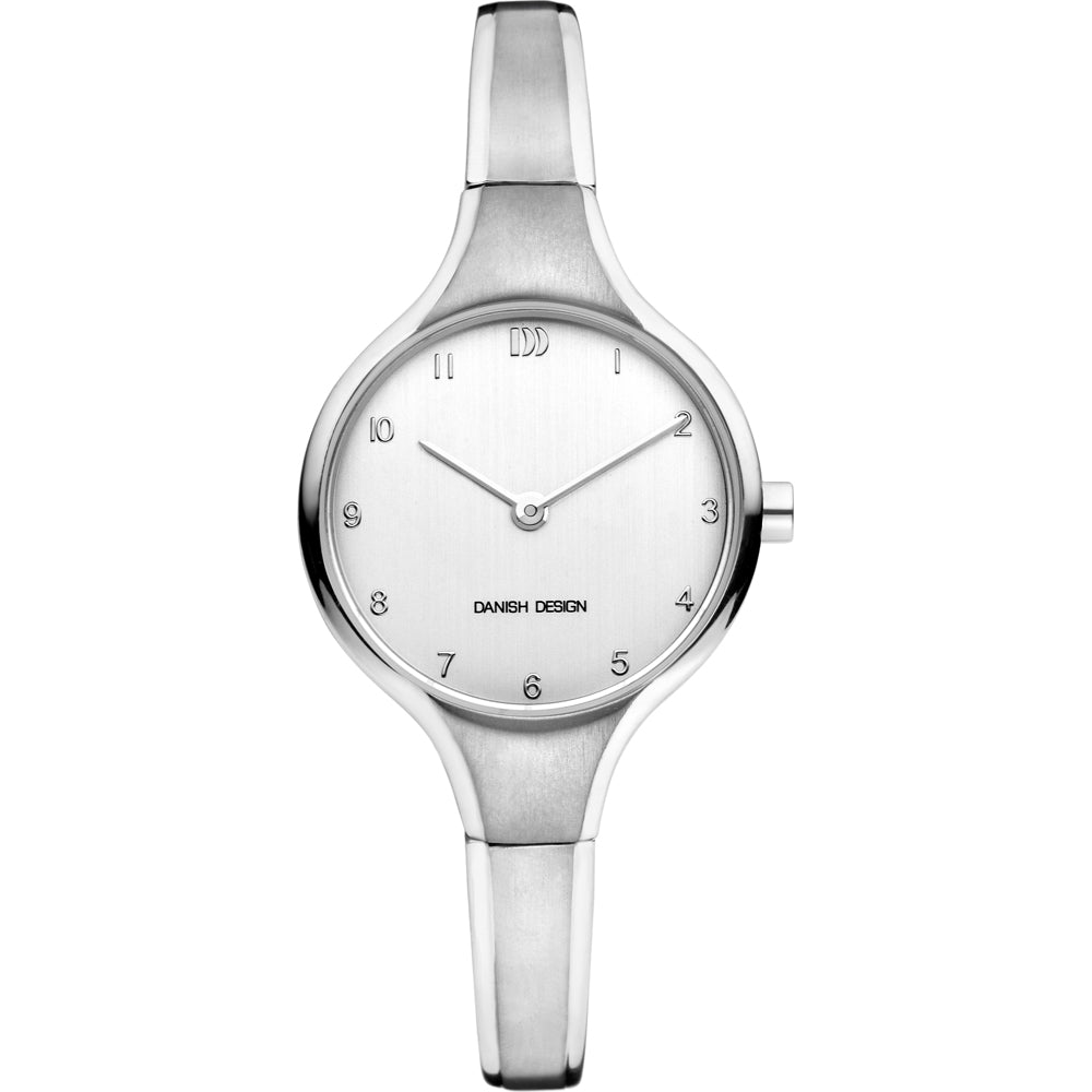 Silberne Uhr mit schlichtem Zifferblatt und schmalem Armband