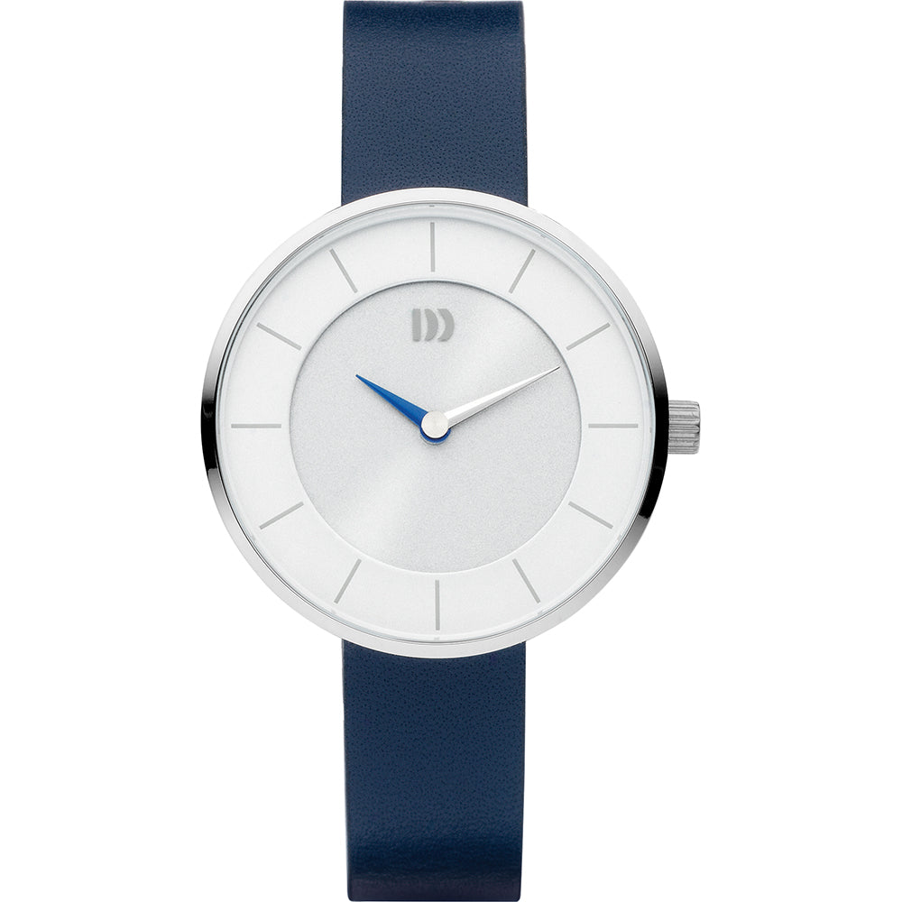 Uhr mit silbernem Gehäuse, weißem Zifferblatt und blauem Lederarmband