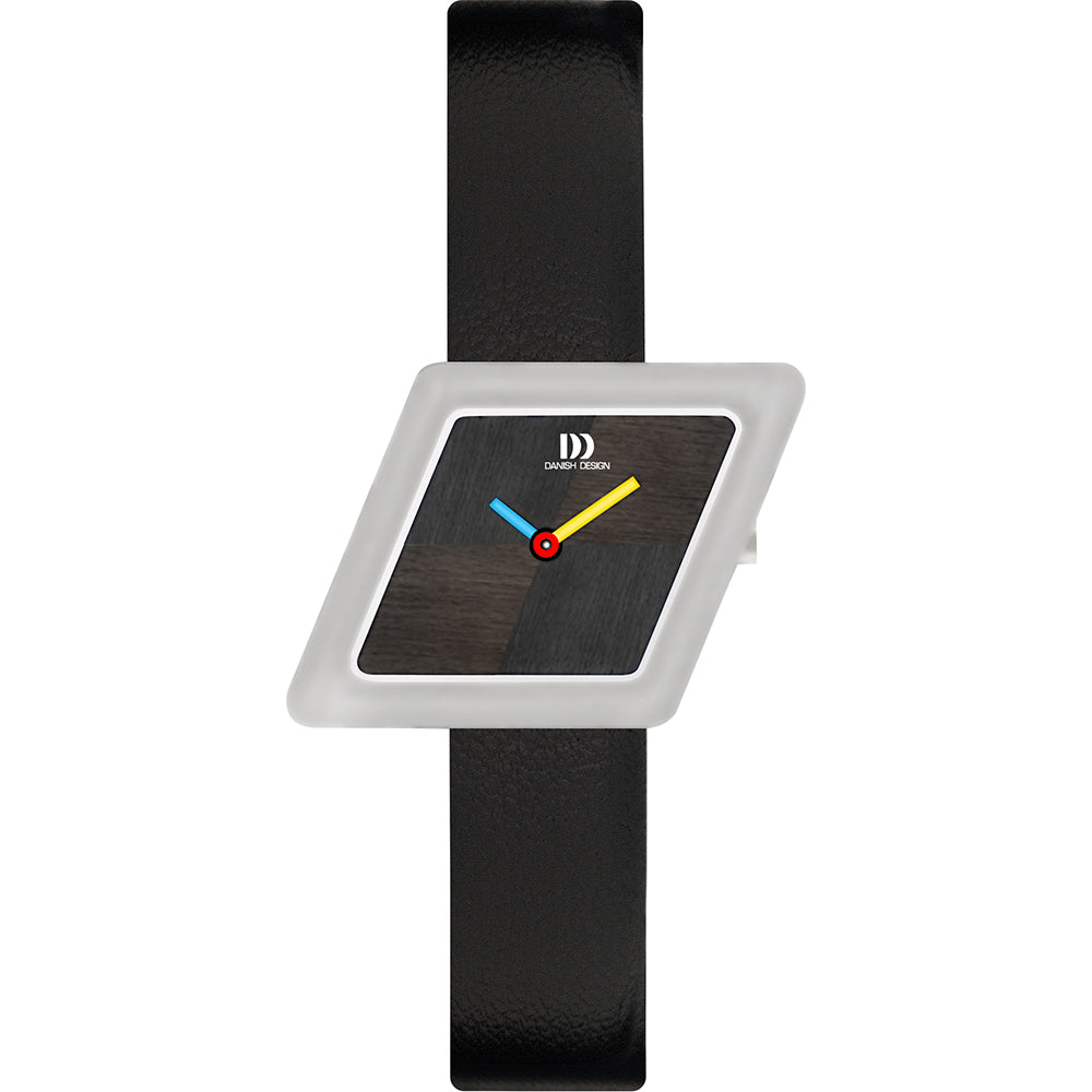 Uhr mit schwarzem Armband, quadratischem Gehäuse und grauem Zifferblatt, farbige Zeiger in Gelb, Blau und Rot