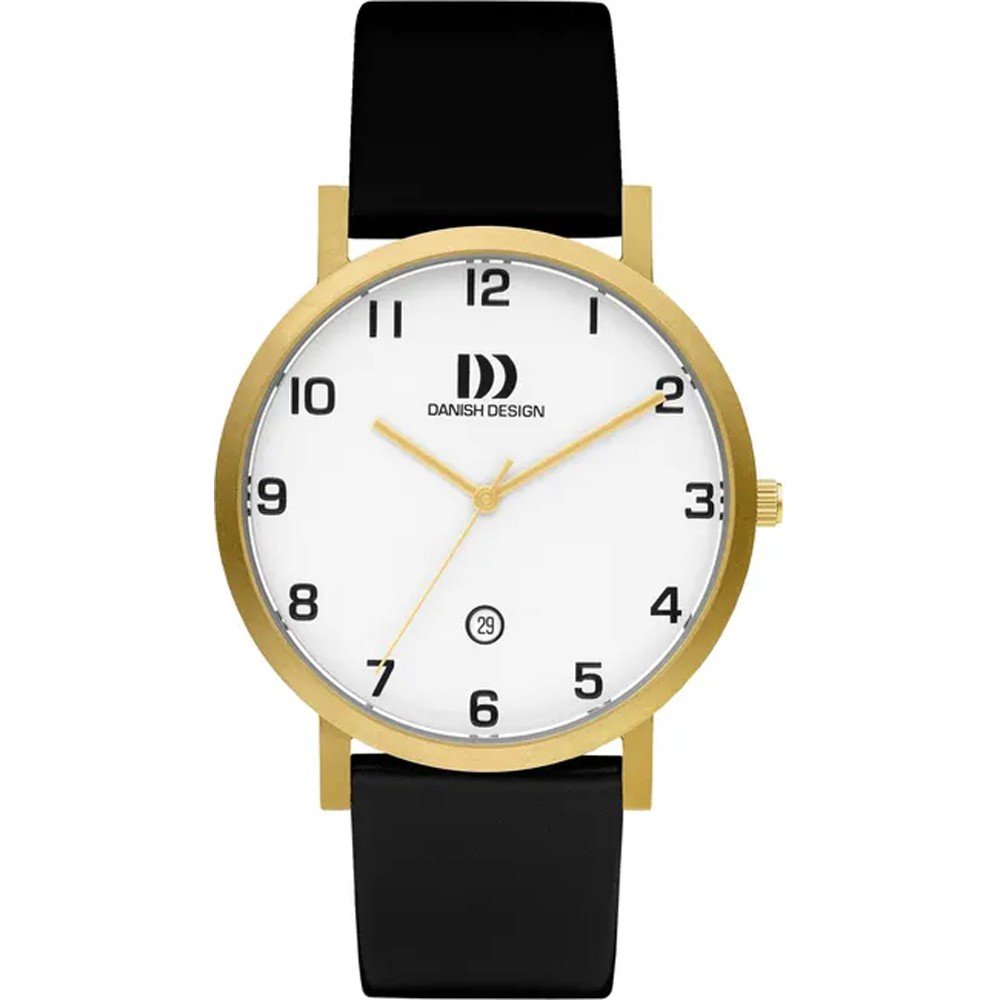 Uhr mit goldfarbenem Gehäuse, weißem Zifferblatt und schwarzem Armband