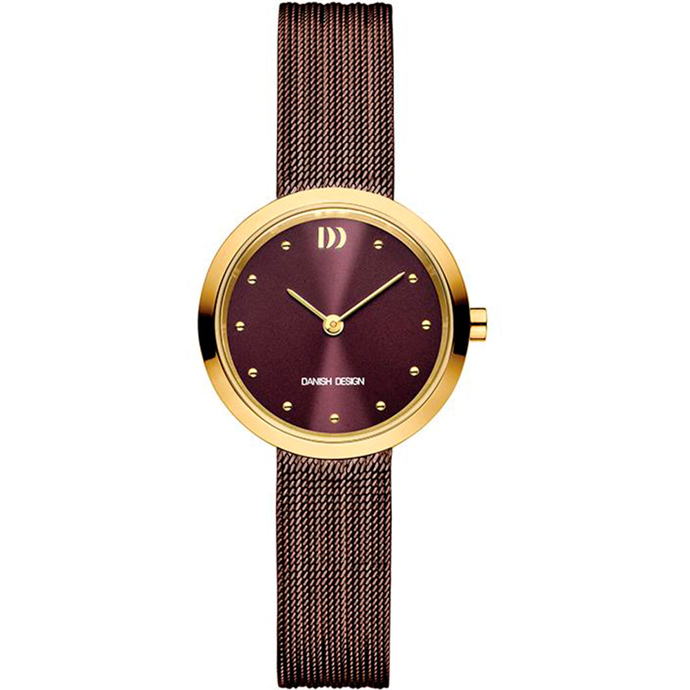 Dameuhr mit rotem Zifferblatt, goldfarbenem Gehäuse und braunem Mesh-Armband