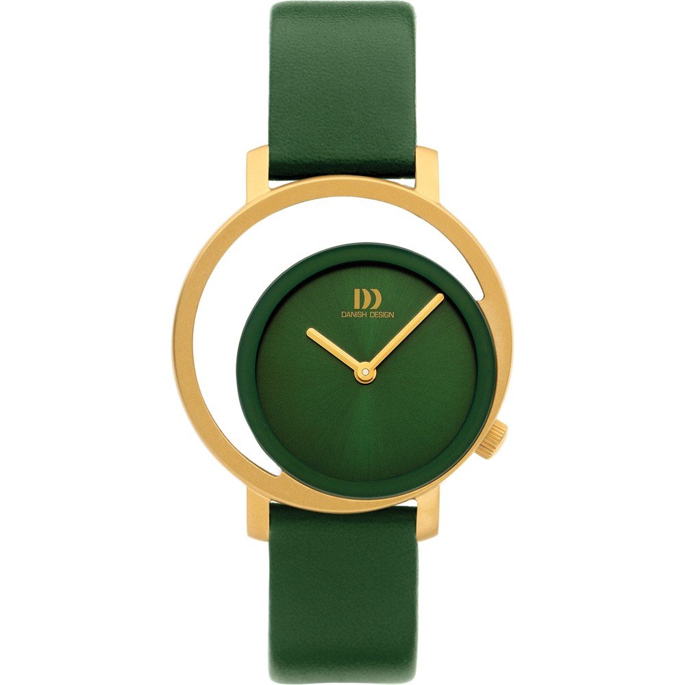 Uhr mit grünem Zifferblatt, goldfarbenem Gehäuse und grünem Lederarmband