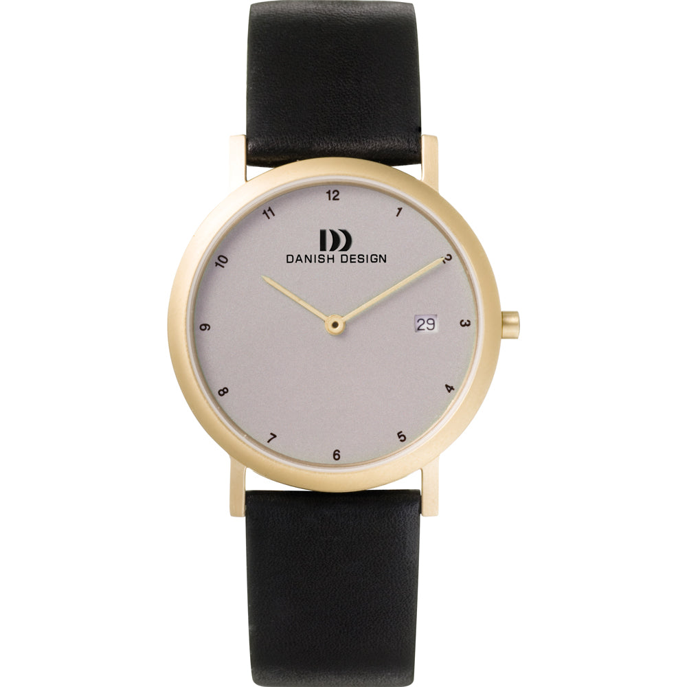 Uhr mit silbernem Zifferblatt, goldfarbenem Gehäuse und schwarzem Lederarmband
