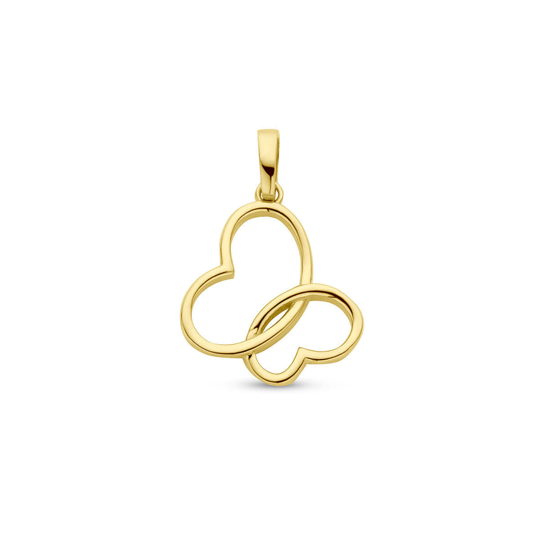 Van der Kooij Collectie hanger vlinder 14K geelgoud - een elegante vlindervormige gouden hanger met een gepolijste afwerking en een kleine haak, perfect om aan een ketting te hangen, afgebeeld op een effen witte ondergrond.
