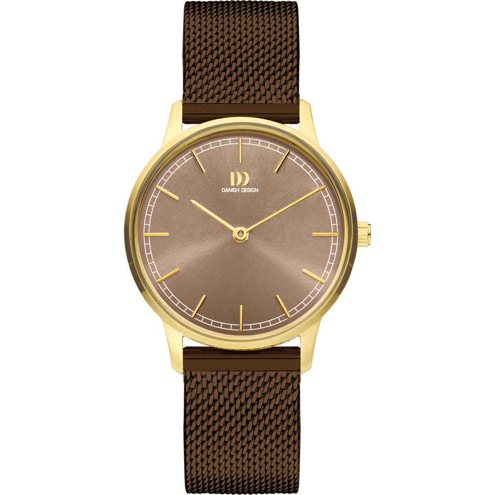 Uhr mit braunem Zifferblatt und goldfarbenem Gehäuse, ausgestattet mit einem braunen Mesh-Armband