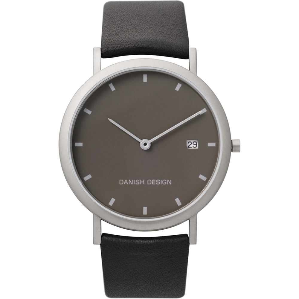 Uhr mit grauem Zifferblatt, silbernem Gehäuse und schwarzem Lederarmband, Datumsanzeige bei 3 Uhr