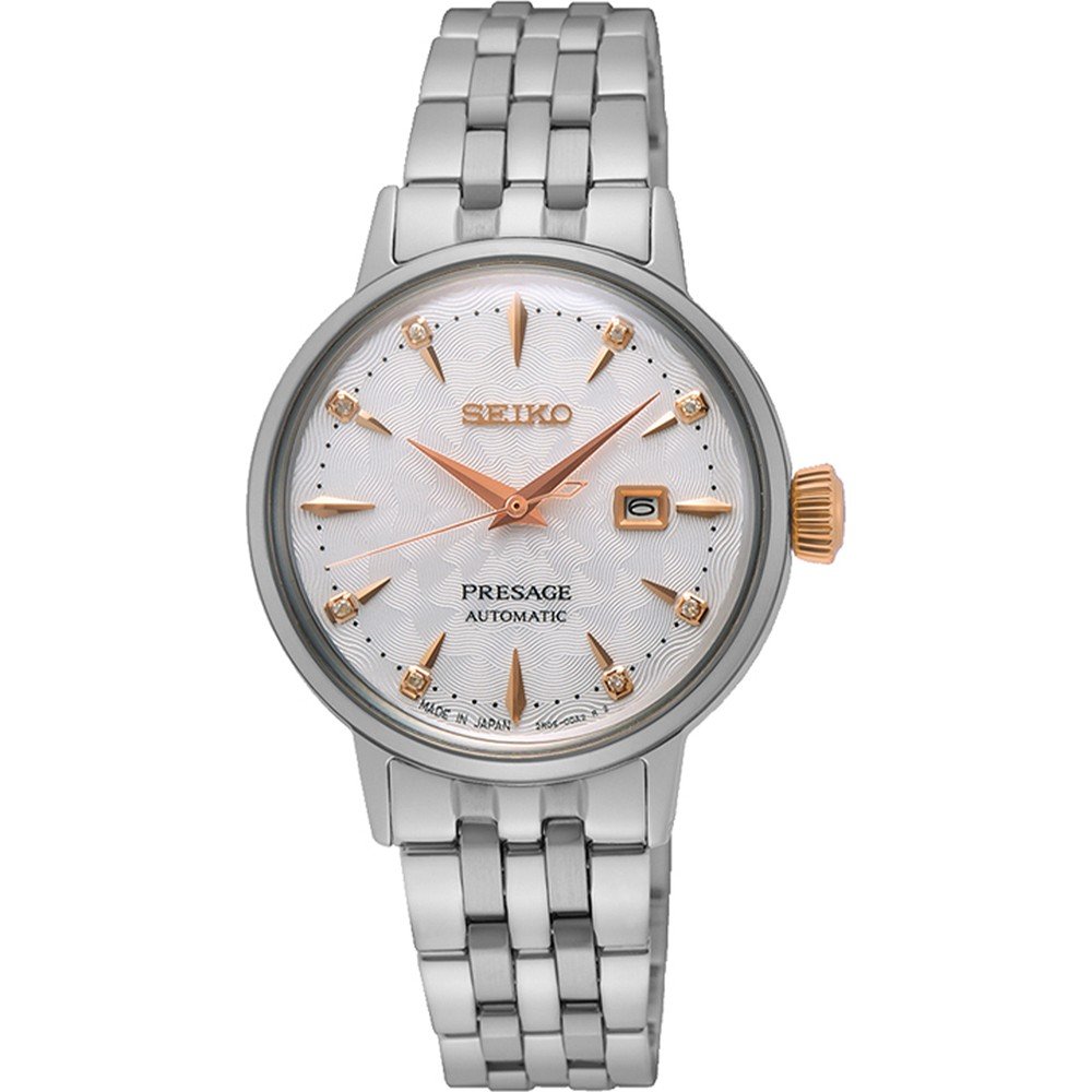 Damenarmbanduhr von Seiko mit silbernem Gehäuse, silbernem Zifferblatt und roségoldenen Akzenten
