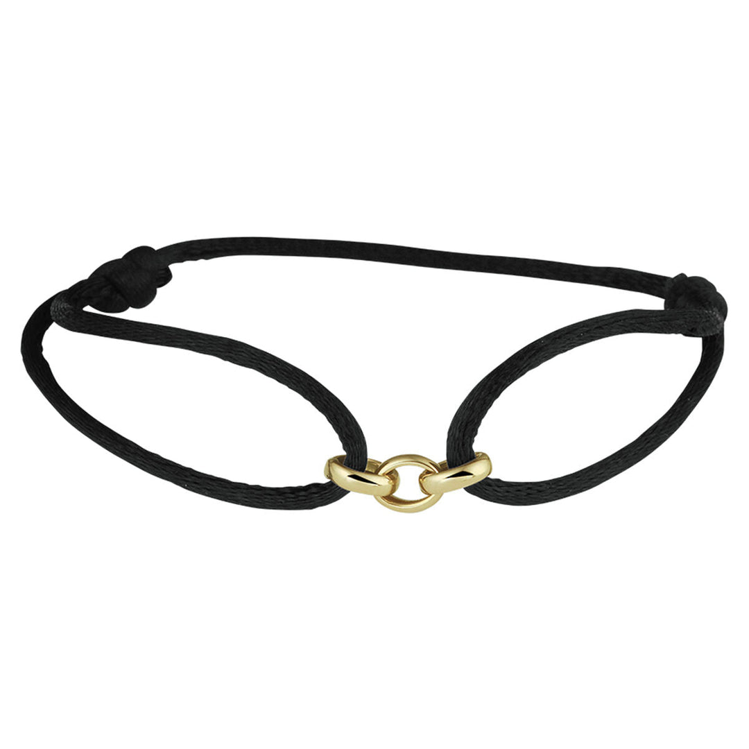 Zwarte verstelbare satijnen armband van Van der Kooij Collectie, gemaakt met 14K goud en rubber/nylon/leder-een verfijnd accessoire ideaal voor alledaagse elegantie.