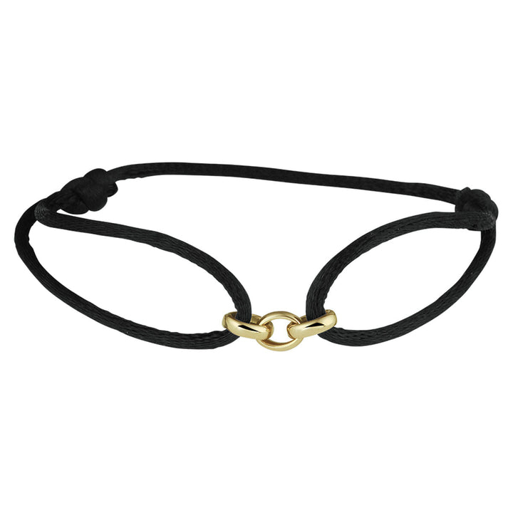 Zwarte verstelbare satijnen armband van Van der Kooij Collectie, gemaakt met 14K goud en rubber/nylon/leder-een verfijnd accessoire ideaal voor alledaagse elegantie.