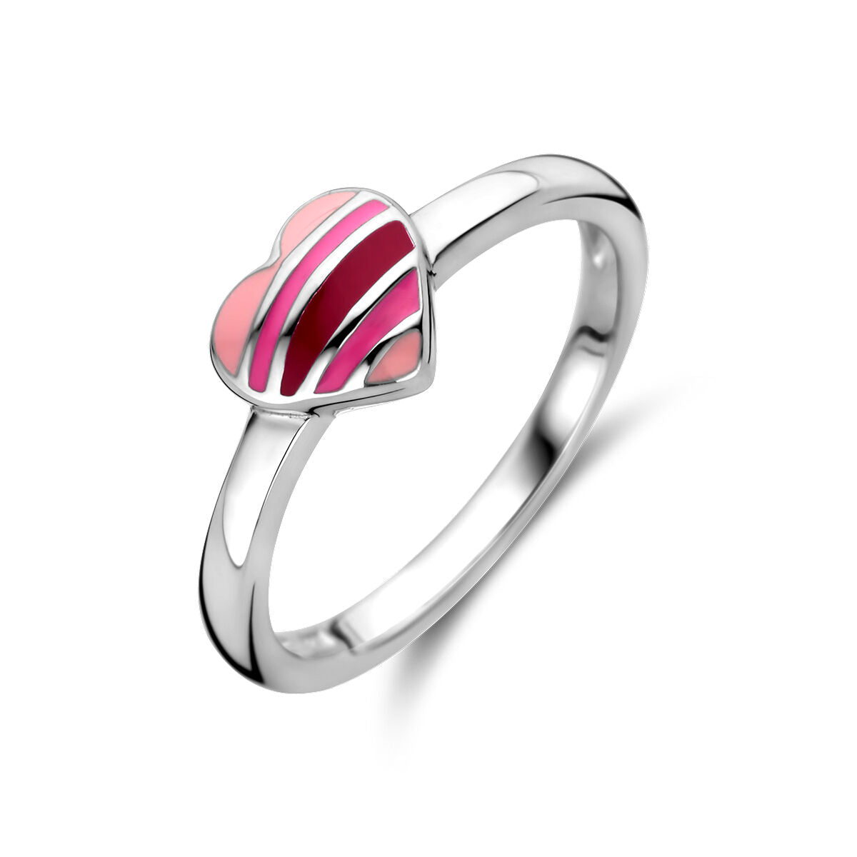 Ring aus rhodiniertem Silber mit herzförmigem, pink-rot gestreiftem Design