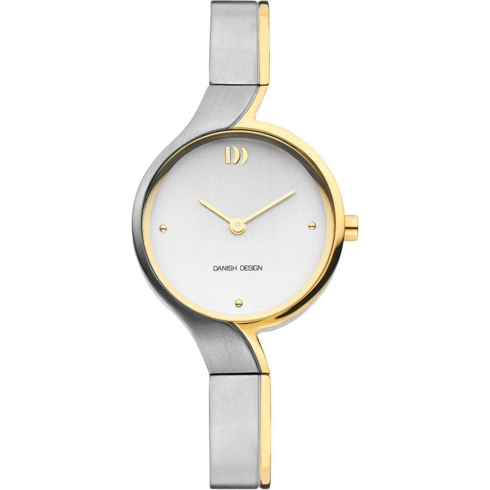 Uhr mit silbernem und goldenem Gehäuse, weißem Zifferblatt und schmalem Armband