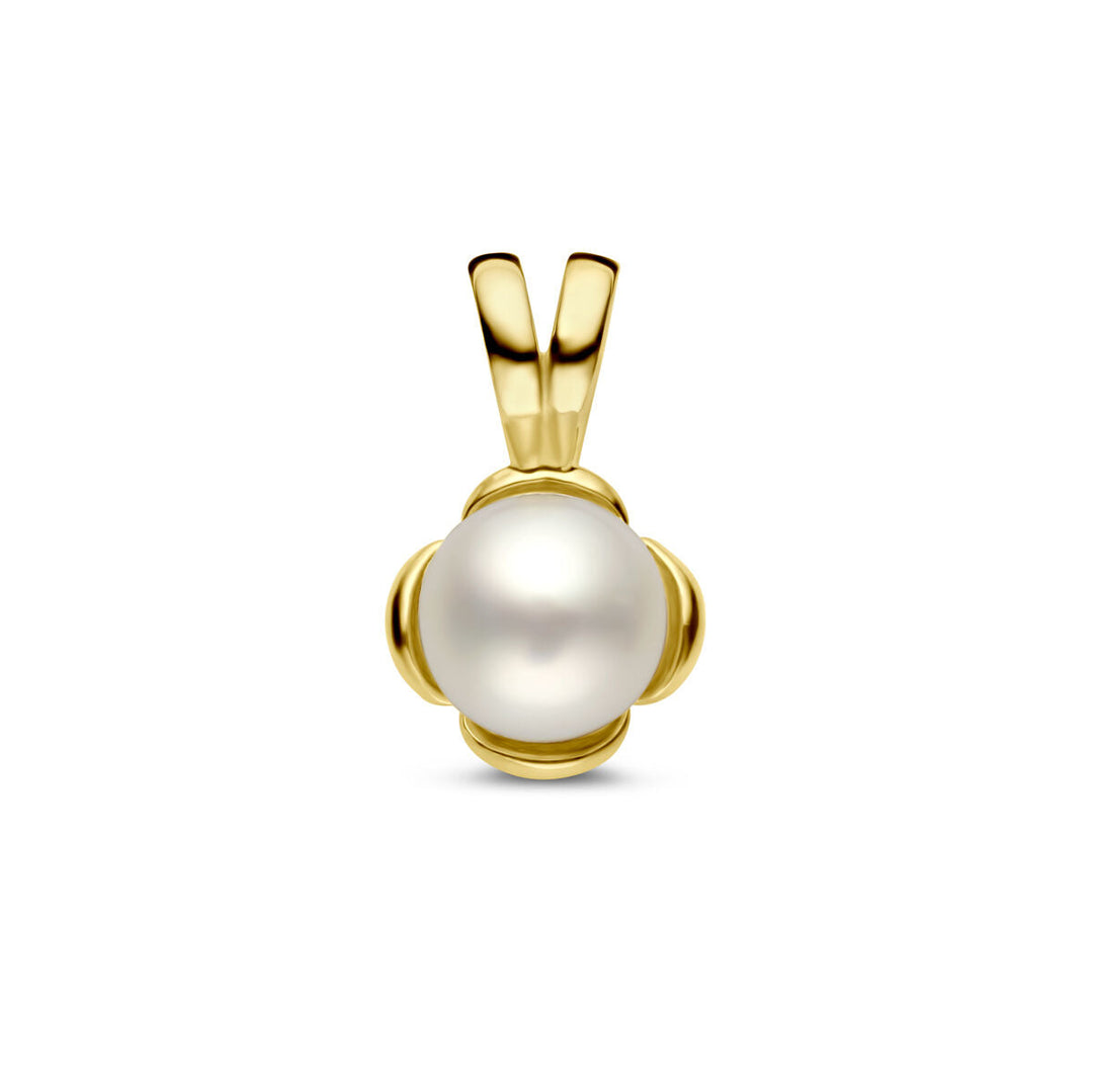 De hanger bloem parel 14K geelgoud uit de Van der Kooij Collectie is een elegant dames sieraad met een ronde zoetwaterparel, gehouden door vier gouden griffen. Perfect voor elke gelegenheid.