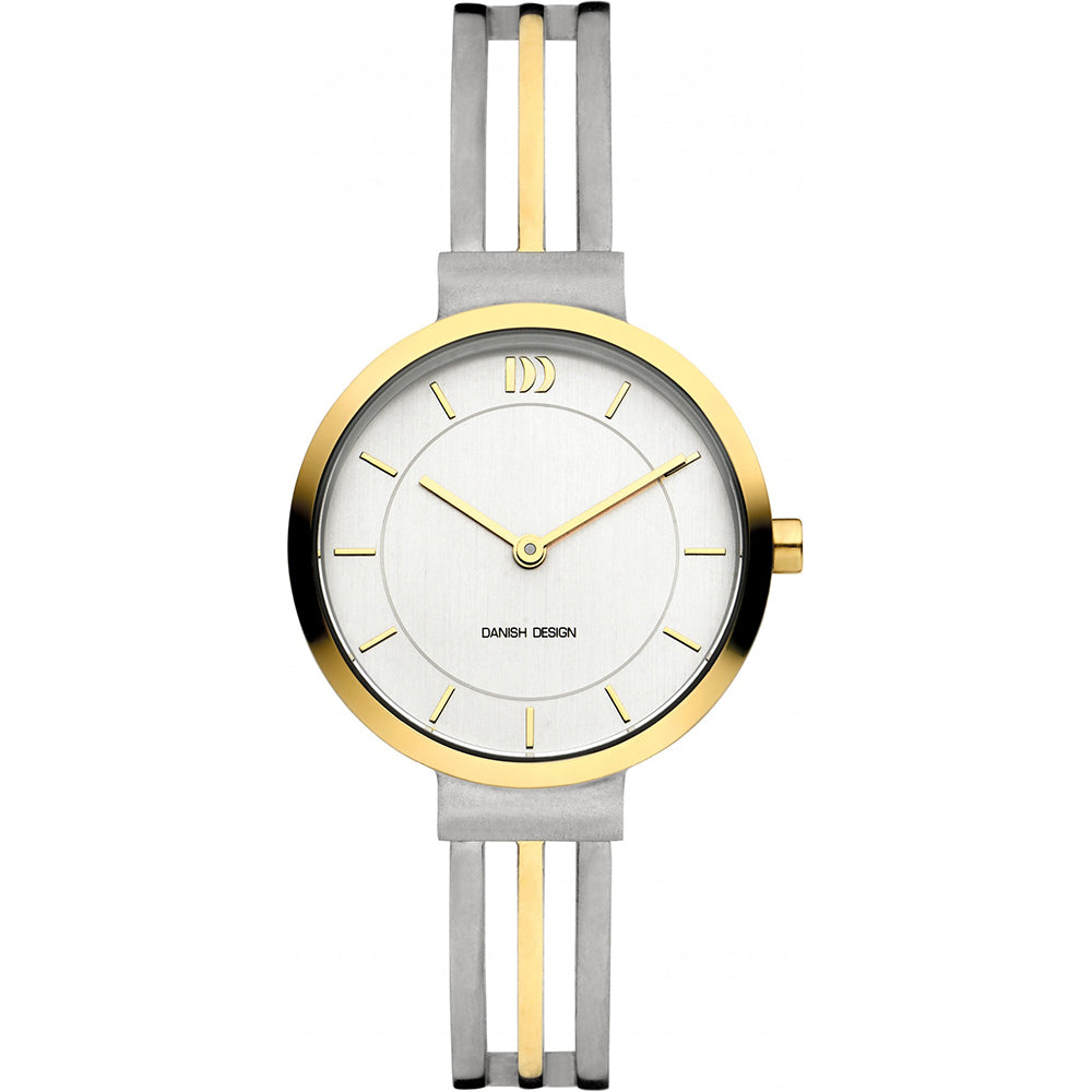 Uhr mit silbernem und goldenem Gehäuse, weißem Zifferblatt und zweiarmigem Armband