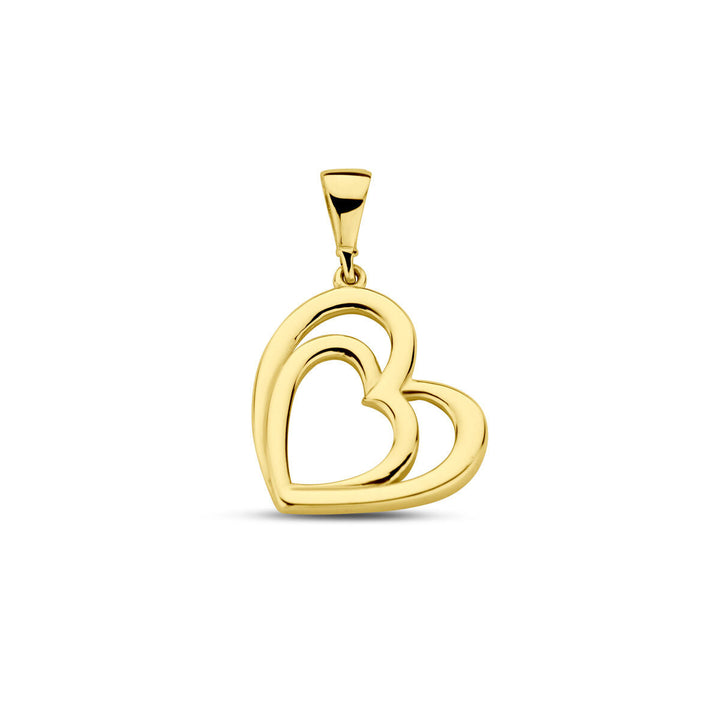 De hanger hart 14K geelgoud uit de Van der Kooij Collectie heeft twee liefdevolle harten, één klein genesteld in een grotere, met gepolijste afwerking en oogje voor een ketting. Perfect voor je collectie. Getoond op witte achtergrond.