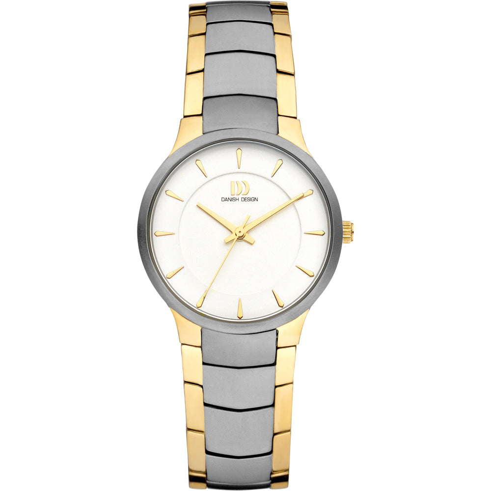 Uhr mit silbernem und goldenem Armband, weißem Zifferblatt und goldenen Indexen