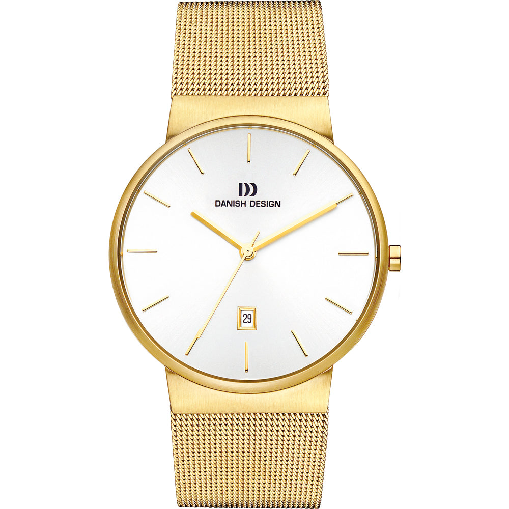 Uhr mit goldenem Gehäuse, weißem Zifferblatt und goldenem Mesh-Armband