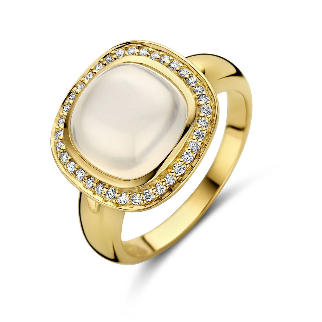 Ring weißer Mondstein und Diamant 0,20 ct h Si Halo 14K Gelbgold
