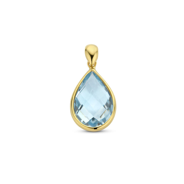 De hanger blauw topaas 14K geelgoud uit de Van der Kooij Collectie heeft een gefacetteerde, druppelvormige blauwe topaas in een elegante bezel zetting, prachtig gepresenteerd tegen een witte achtergrond.
