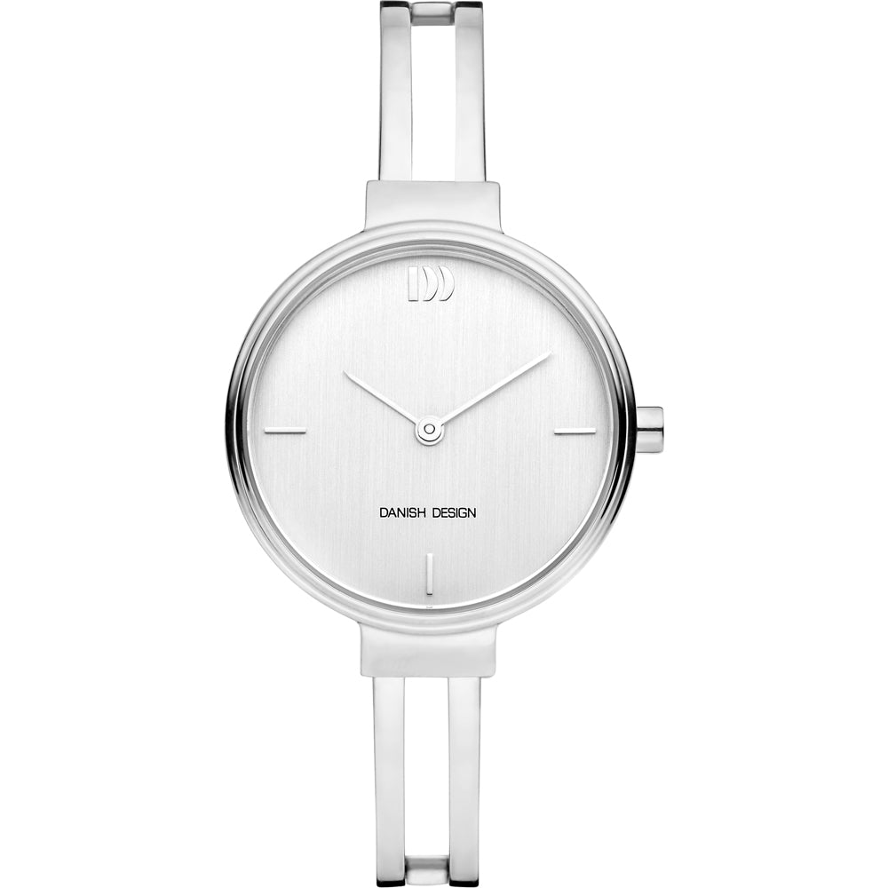 Silberne Uhr mit silbernem Zifferblatt und schmalem Armband aus Edelstahl